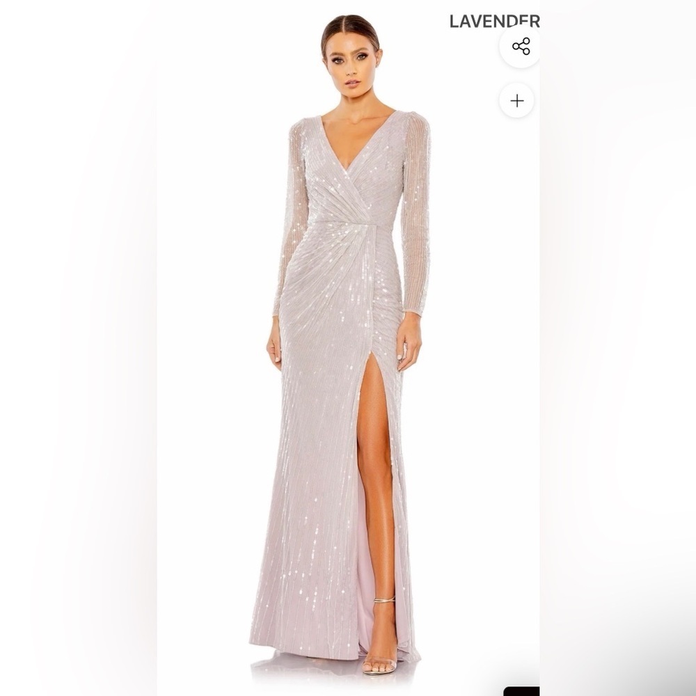 NWT Mac Duggal Lavender Sequin Long Sleeve Faux Wrap Gown